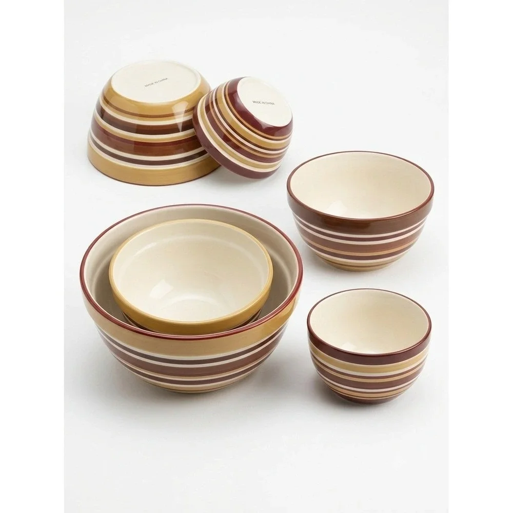 Vintage Earth Tone Striped Ceramic Nesting Mixing Bowls Brown Tan Cream Set of 2